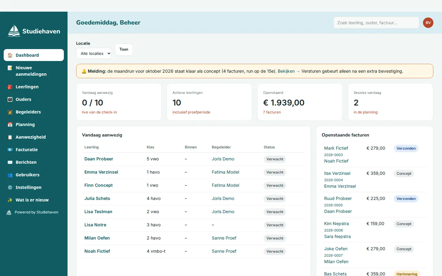 Dashboard van een beheerder, met verzonnen voorbeeldleerlingen.