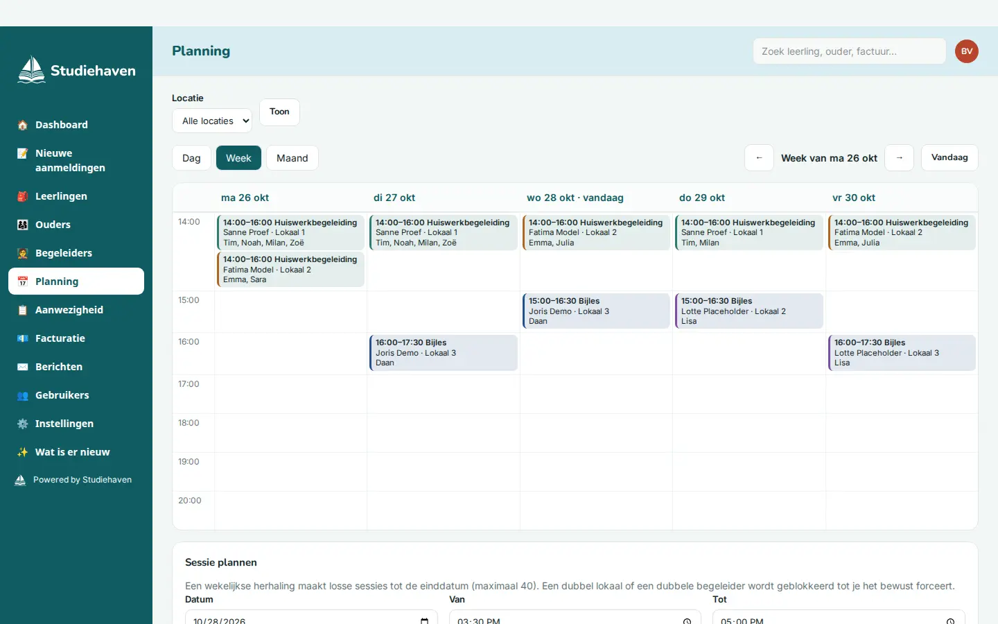 Planningskalender met sessies van voorbeeldleerlingen.
