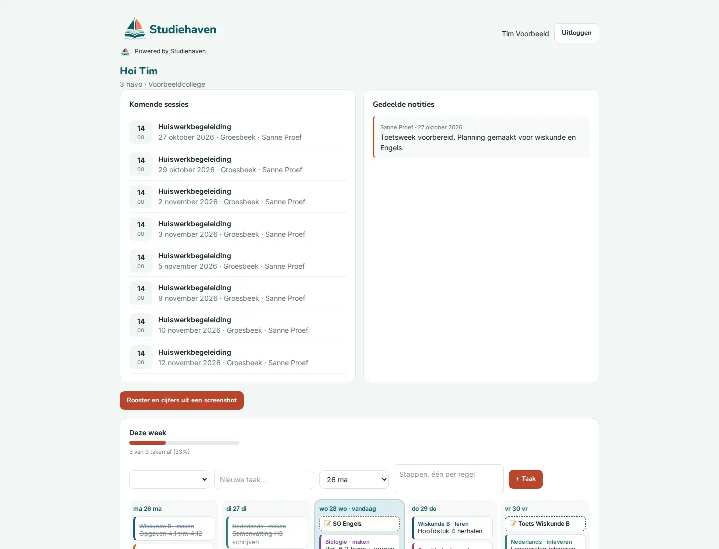 Leerlingportaal met komende sessies en de planner van de week.