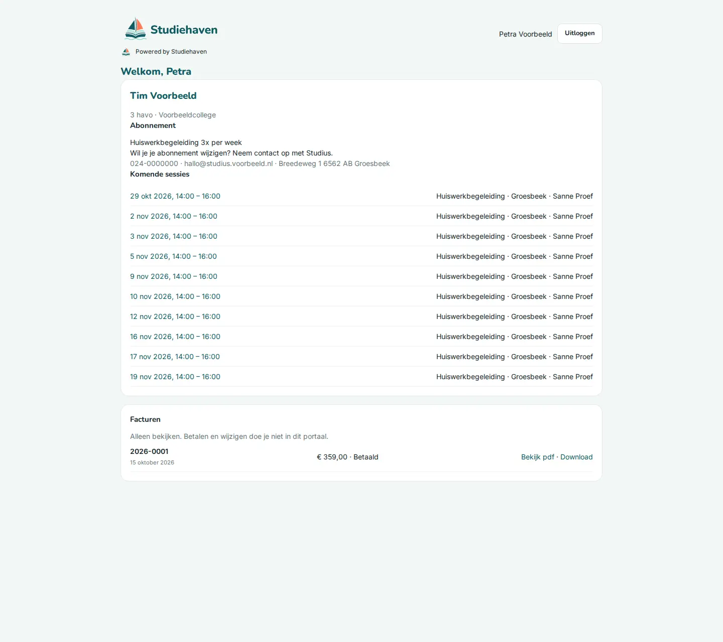 Studiehaven Portaal met de planning van de leerling en facturen met status.